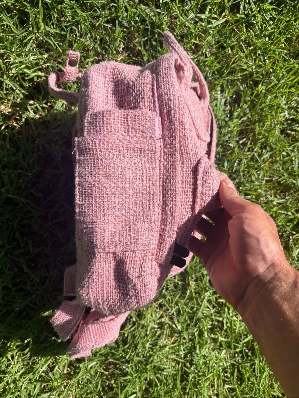 Pink Knit Mini Backpack with Top Handles and Adjustable Straps